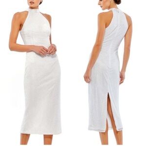 Mac Duggal White Beaded Midi Semiformal Dress